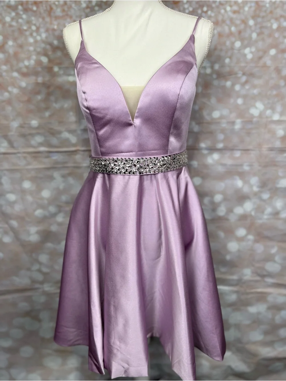 Lilac Satin A-Line Dress with Jeweled Waist - Picture 1 of 6